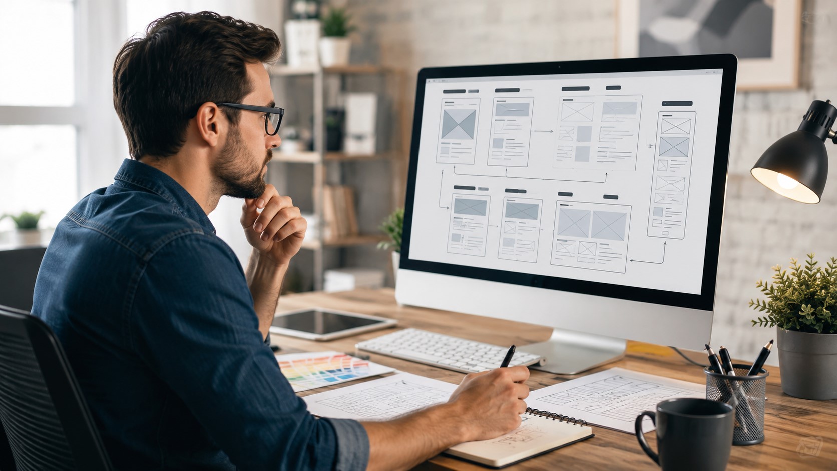 A professional web designer reviewing a website wireframe on a large monitor in a modern workspace