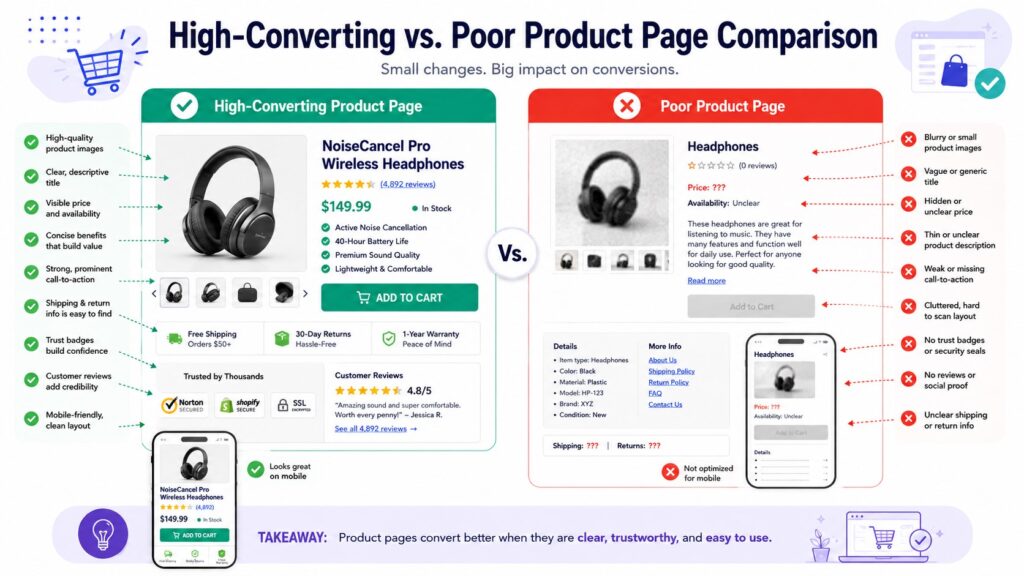 High-converting vs. poor product page comparison