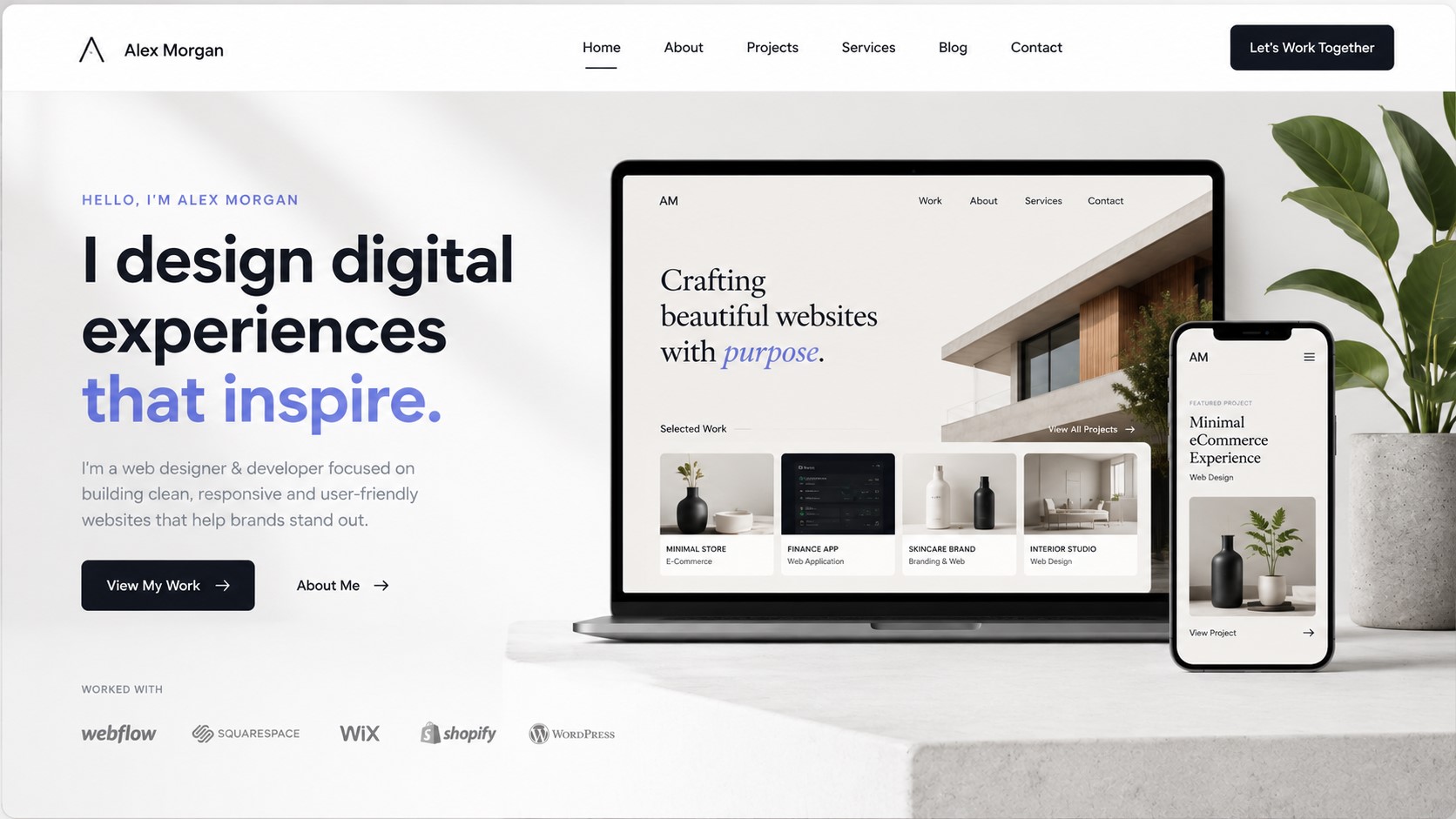 Minimalist web designer portfolio mockup