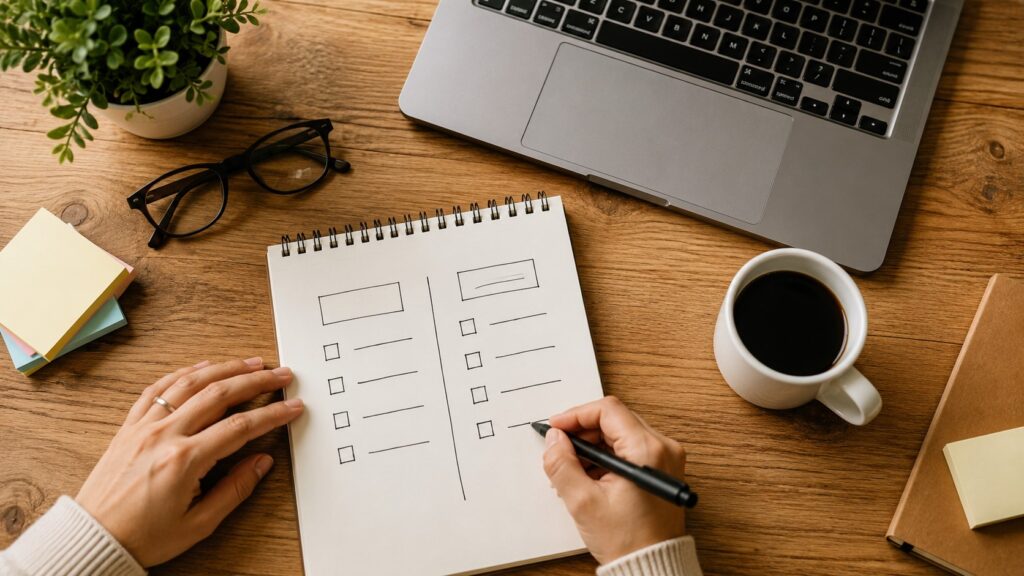Business owner comparing website builder options with a notepad and laptop