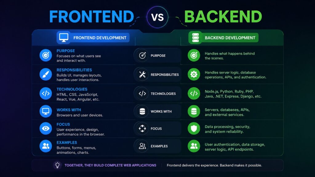 Frontend vs Backend comparison infographic