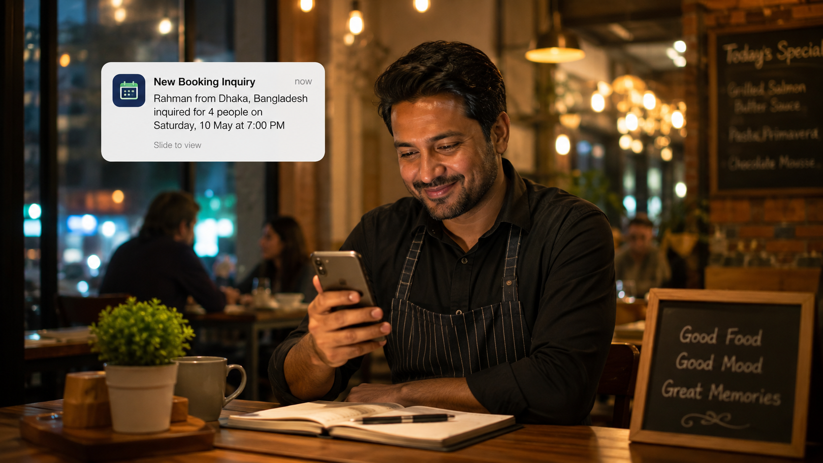 A restaurant owner checking his phone with a notification showing a new booking inquiry, warm evening lighting