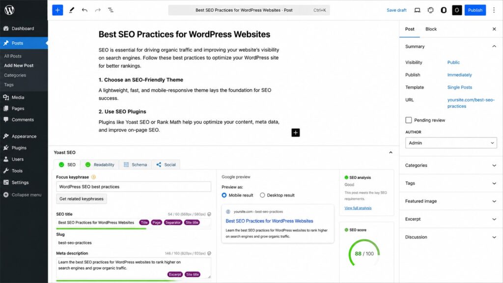 WordPress SEO plugin dashboard showing meta title and description fields