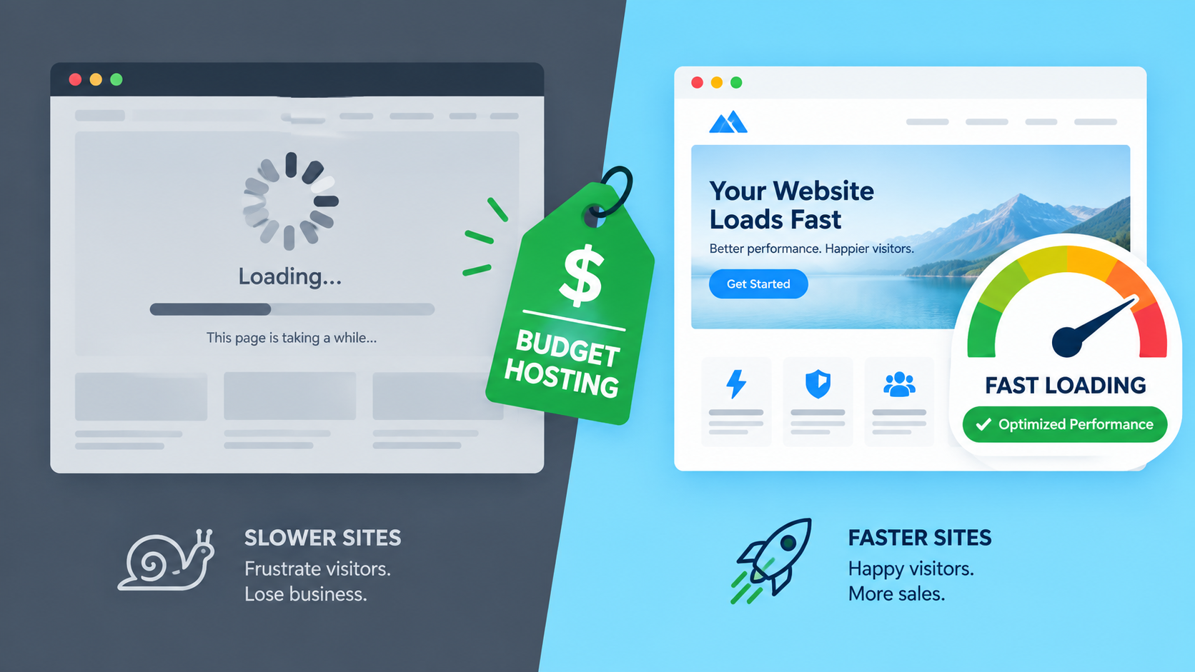 A split-screen visual showing a loading spinner/slow page on one side and a fast-loading page with a speed gauge on the other, with a dollar sign or price tag icon tying it to "budget hosting."